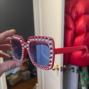 Red Rhinestone Embellished Sunglasses
